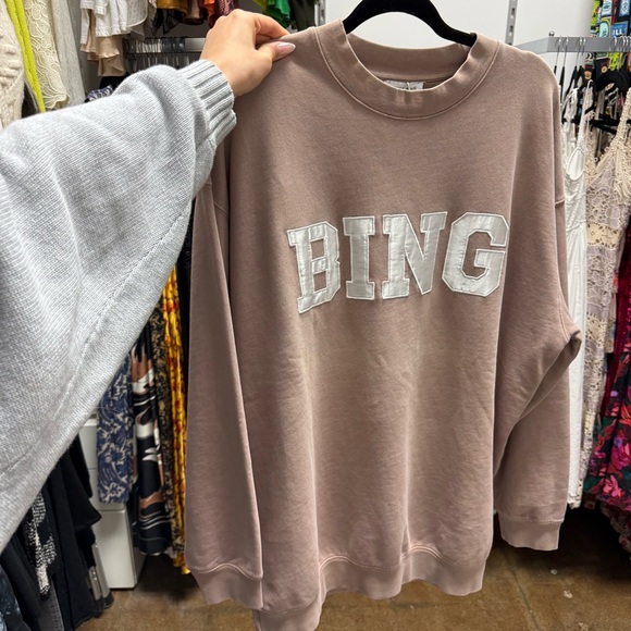 Anine Bing Sweaters - Anine Bing Tyler Taupe Sweatshirt with Gray Lettering